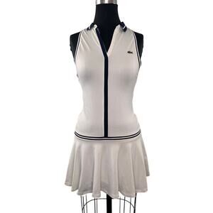 LACOSTE White Navy Blue Stripe Down Tennis Quick Dry Tennis Golf Dress 34 RARE
